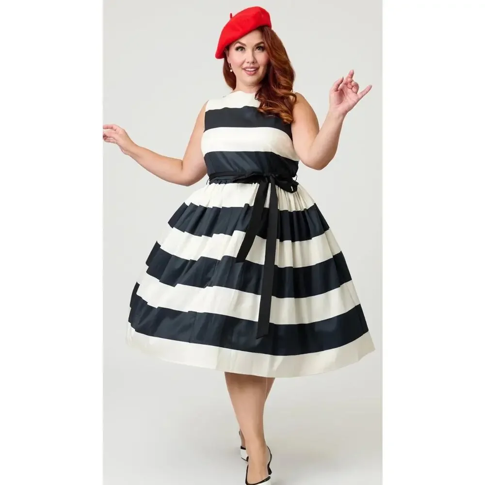 black and white cocktail dress size 14 Unique Vintage Black & Ivory Stripe Swing Dress L/12-14